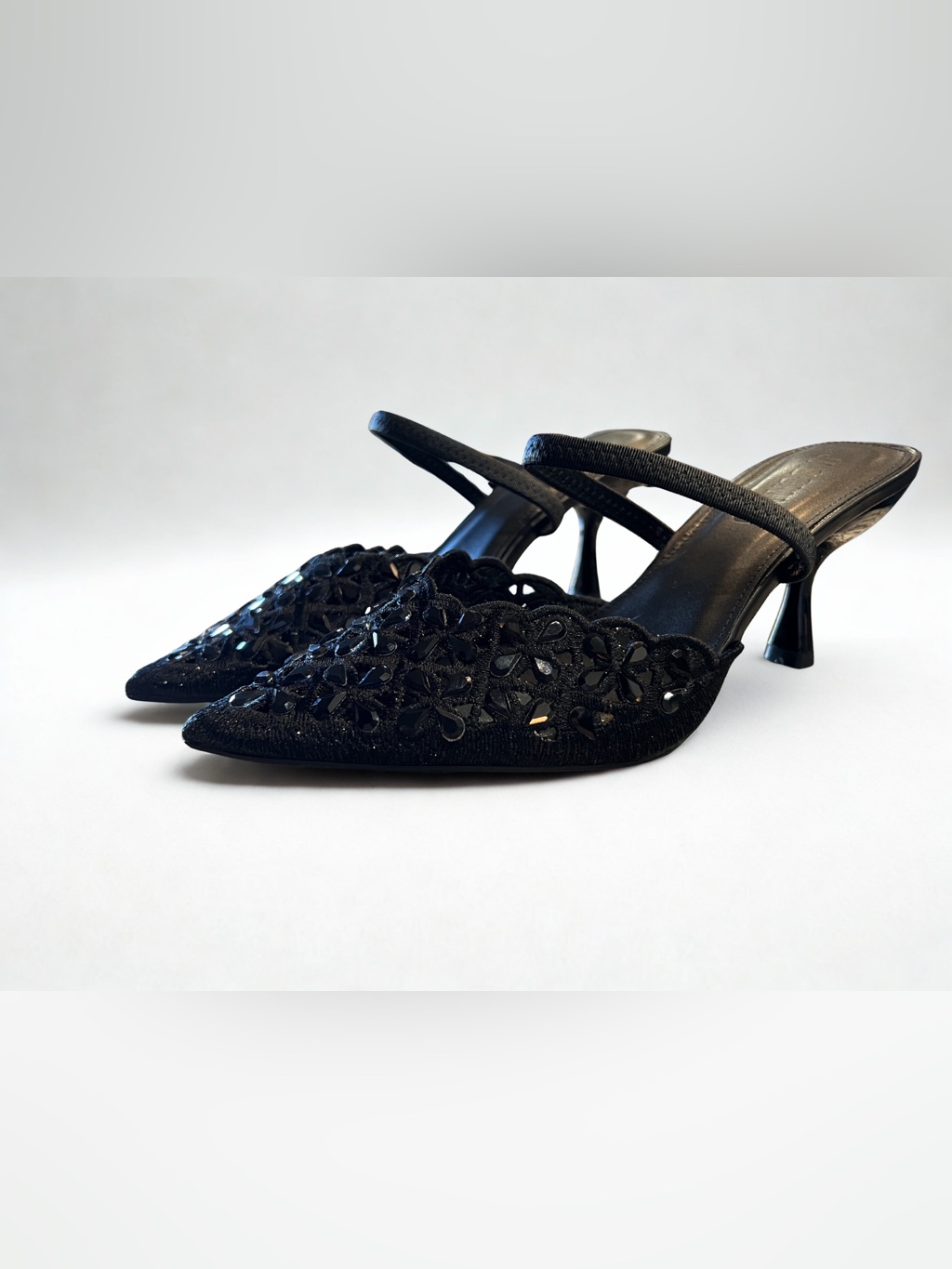 Embellished Black Pointed-Toe Mules With Low Heel